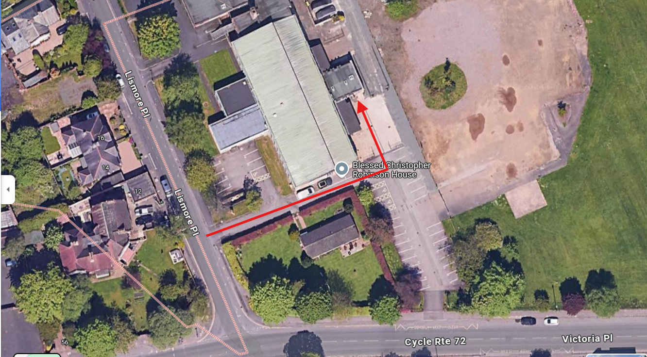 First right on Lismore Pl, then last left and the chapel is the door in front.